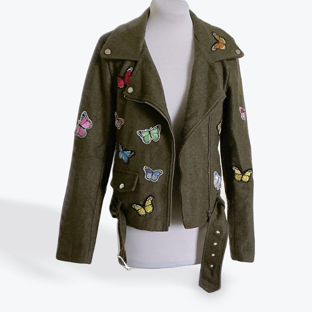 Signature Eight Butterfly Embroidered Moto Jacket Olive Green Wool Biker Small - Picture 8 of 13
